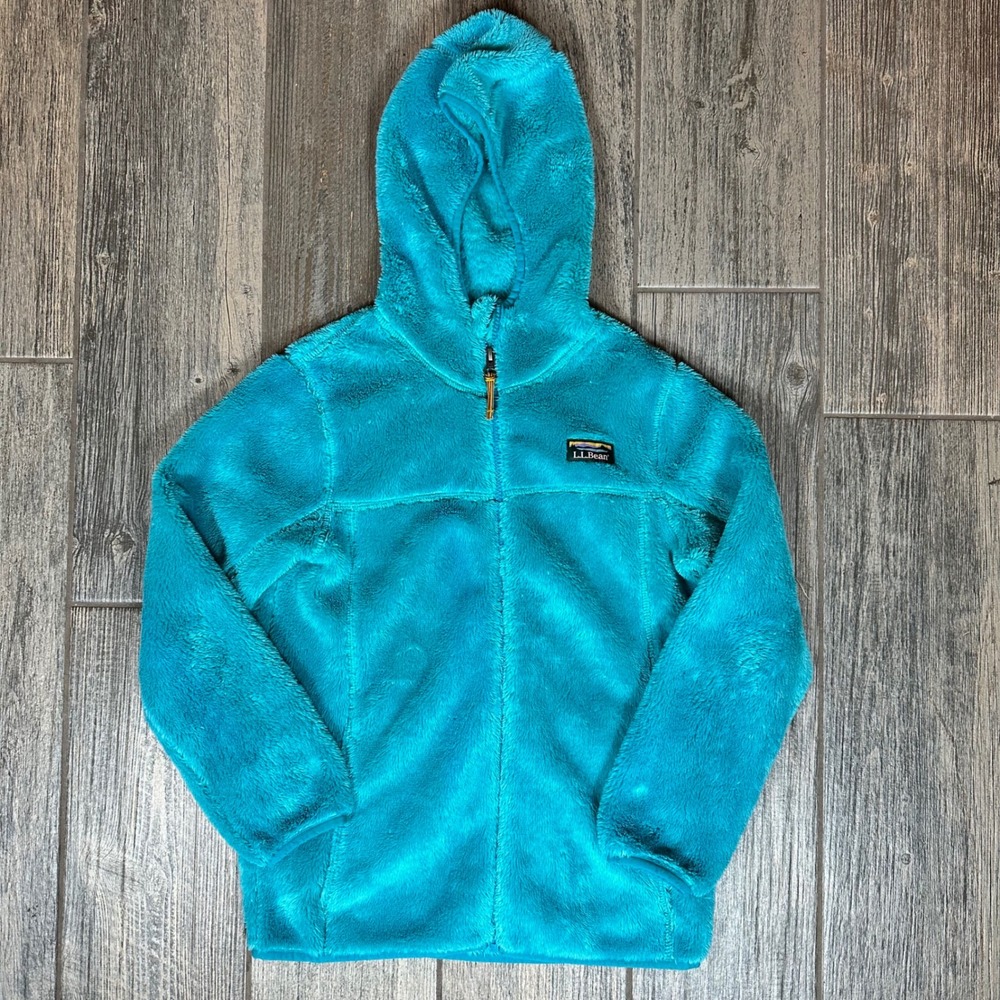 LL Bean Kids' L 14-16 Full Zip Fuzzy Fleece Hooded Jacket‎ Blue Teal Cozy Warm